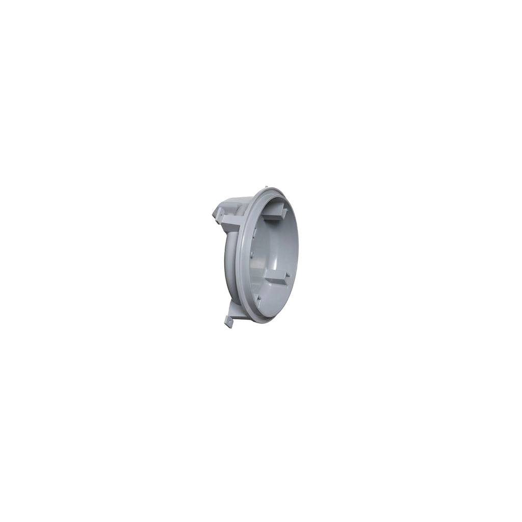Gray plastic round Hayward LFVUY1000 pool light niche with mounting tabs, shown at an angle on a white background.