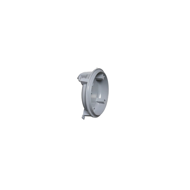 Gray plastic round Hayward LFVUY1000 pool light niche with mounting tabs, shown at an angle on a white background.