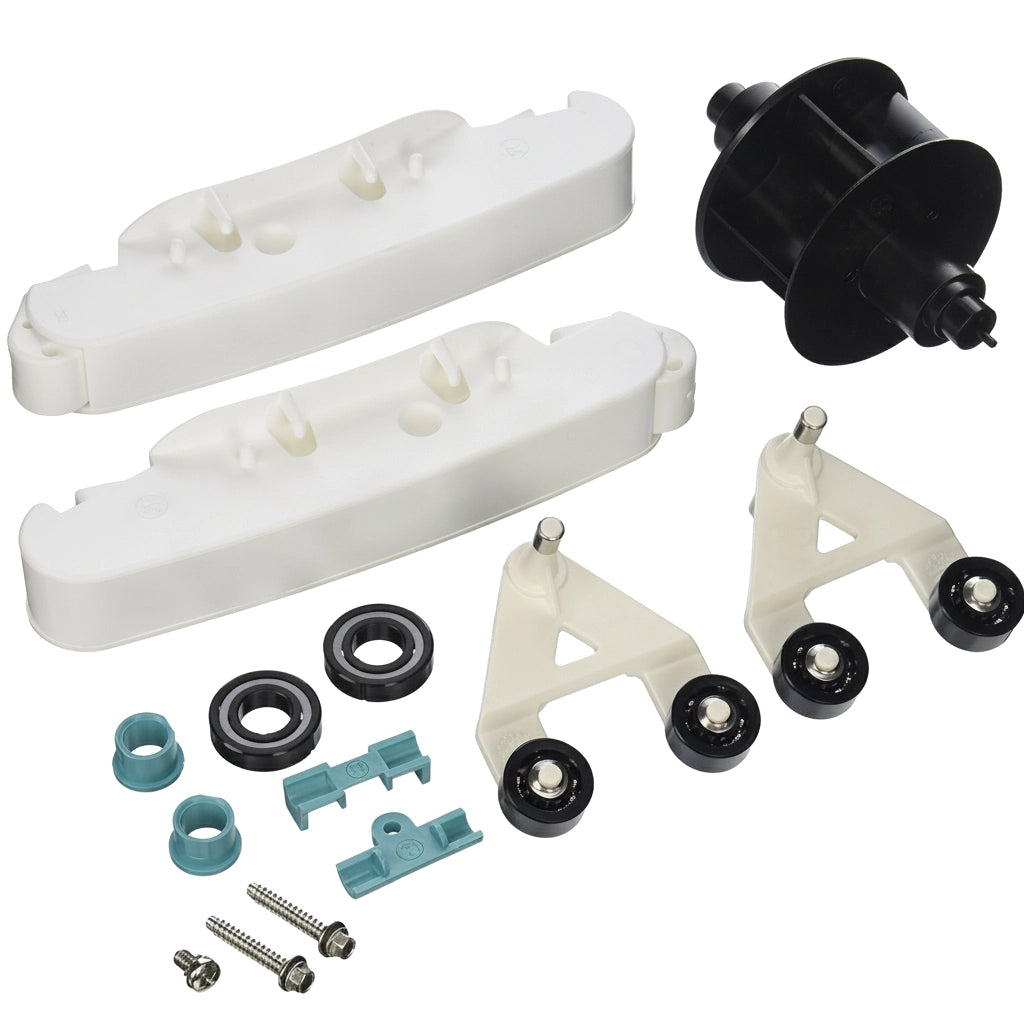 Hayward AXV621417WHP tune-up kit: white A-frame parts, black turbine pod, wheels, bearings, screws, teal clips.