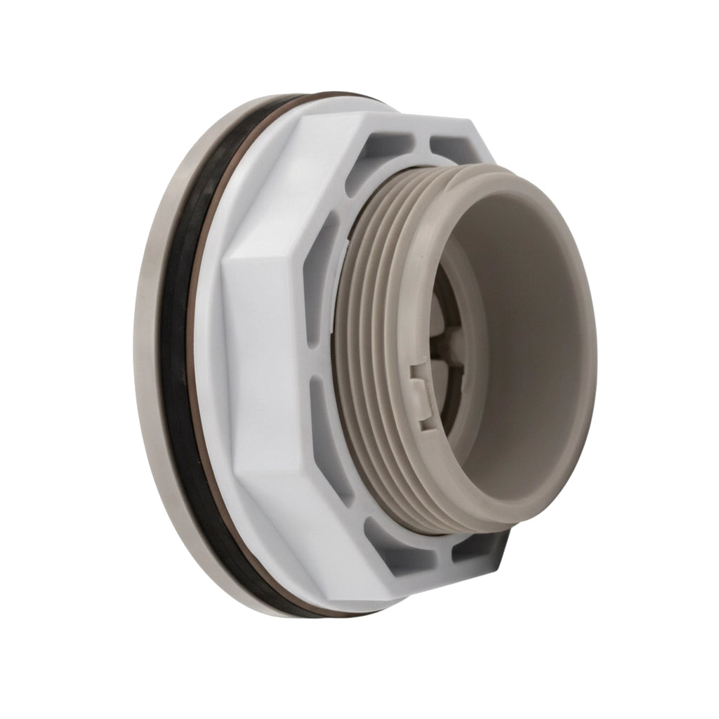 Hayward SP0537AFGR wall fitting with gray threaded body, white trim ring, and black gasket, shown at an angle.