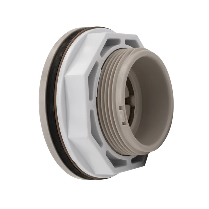 Hayward SP0537AFGR wall fitting with gray threaded body, white trim ring, and black gasket, shown at an angle.