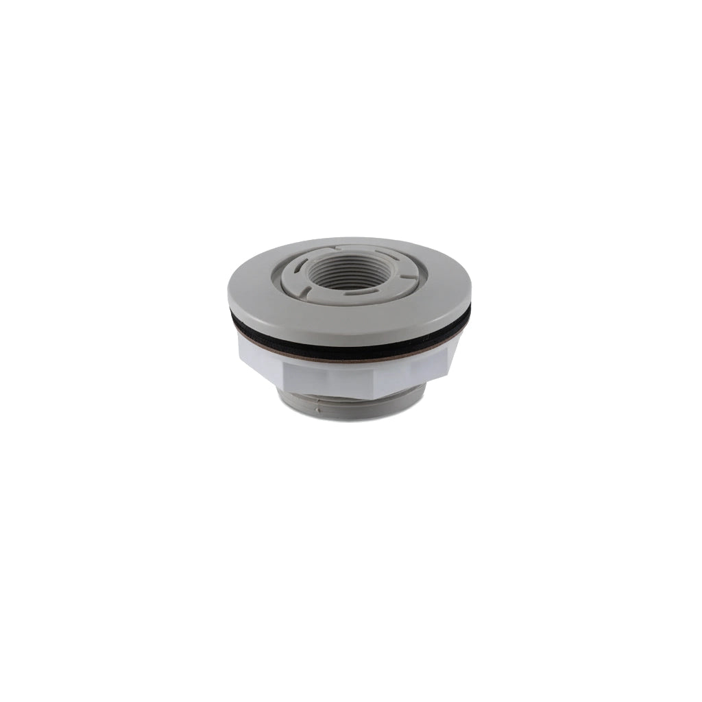 Hayward SP0537AFGR gray fiberglass wall fitting with round trim ring and white threaded fitting body