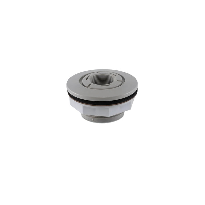 Hayward SP0537AFGR gray fiberglass wall fitting with round trim ring and white threaded fitting body