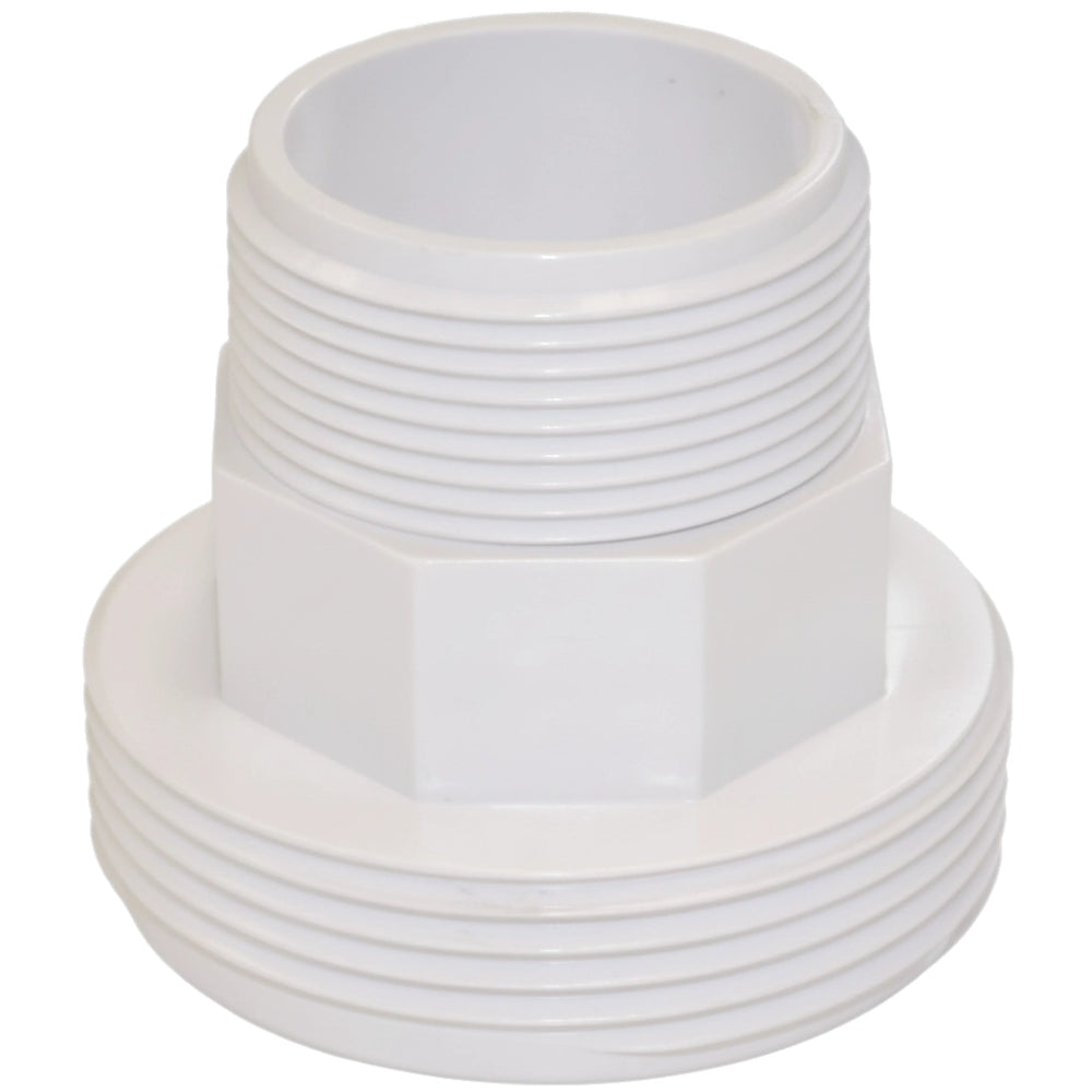 White PVC Hayward End Connector SPX1480B with external threads on both ends and a central hex nut.