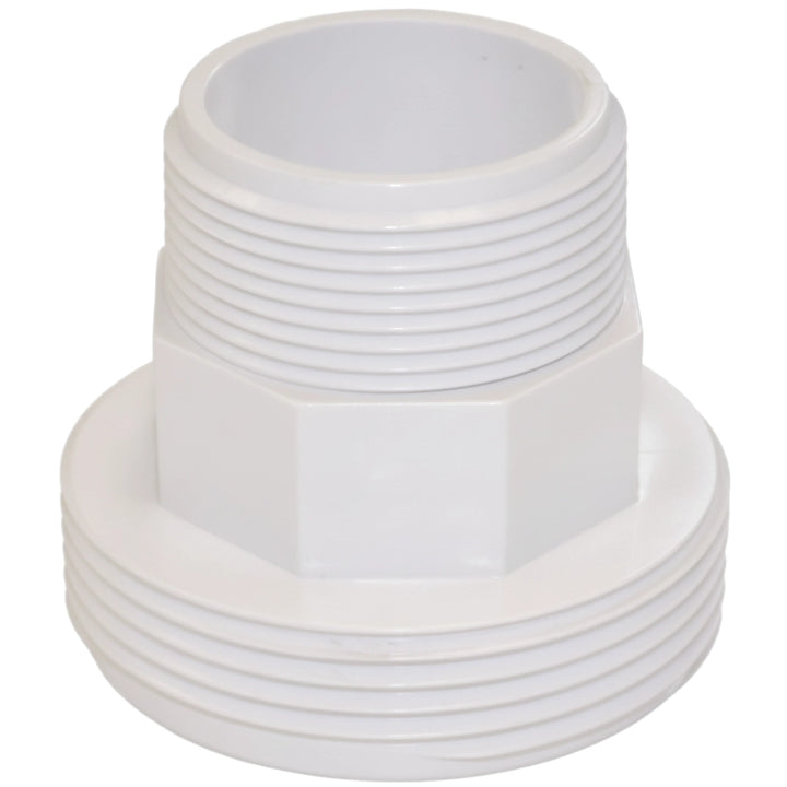 White PVC Hayward End Connector SPX1480B with external threads on both ends and a central hex nut.