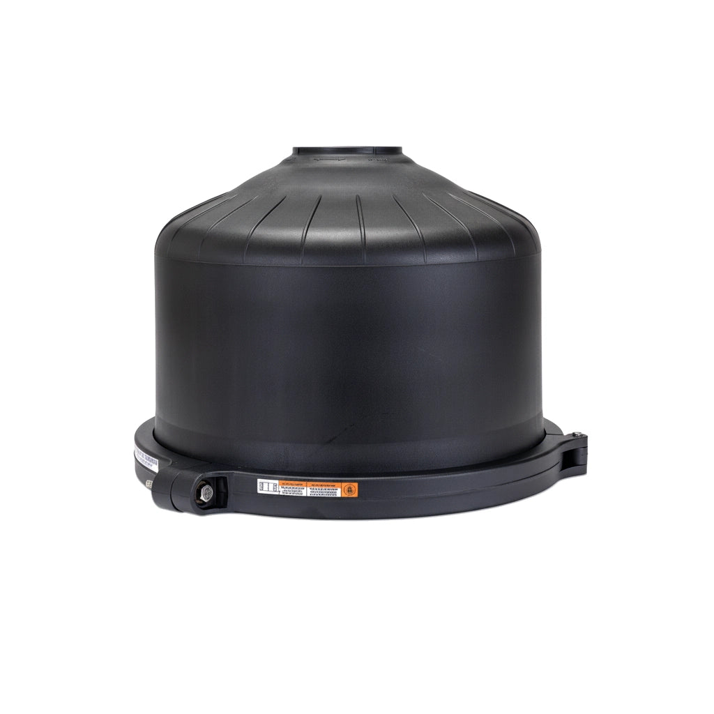 Black dome-shaped Hayward DEX4820BTC filter head with integrated clamp ring and orange safety label