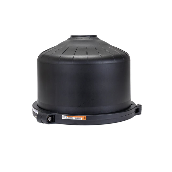 Black dome-shaped Hayward DEX4820BTC filter head with integrated clamp ring and orange safety label