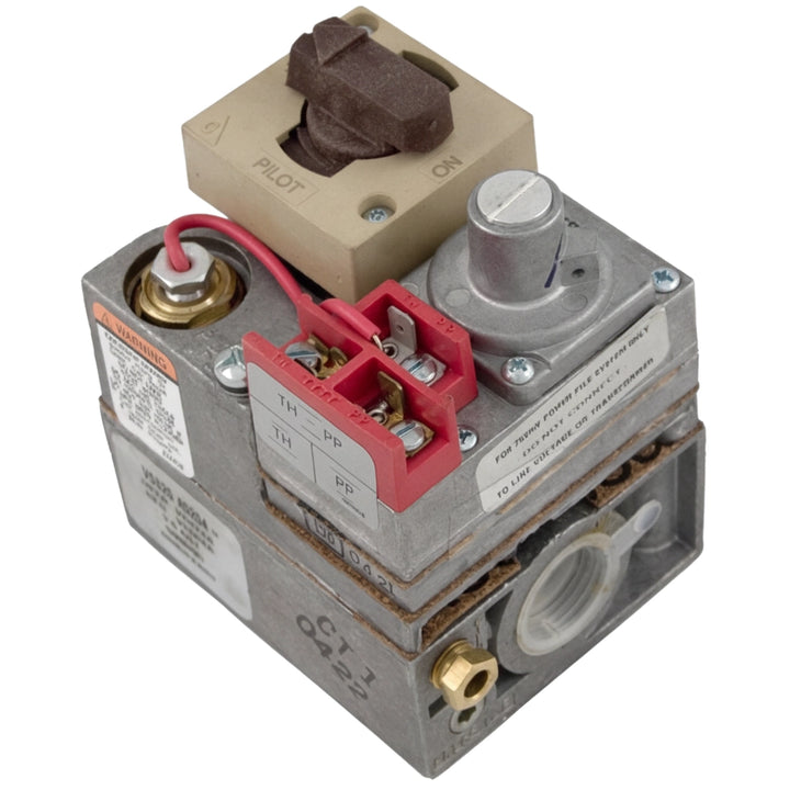 Hayward HAXGSV0001 millivolt gas valve with red terminal block, brown Pilot/On knob, and metal body