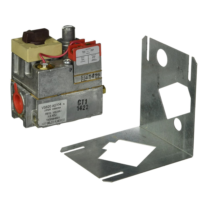 Hayward HAXGSV0001 millivolt natural gas valve with red terminals and a bent metal mounting bracket beside it