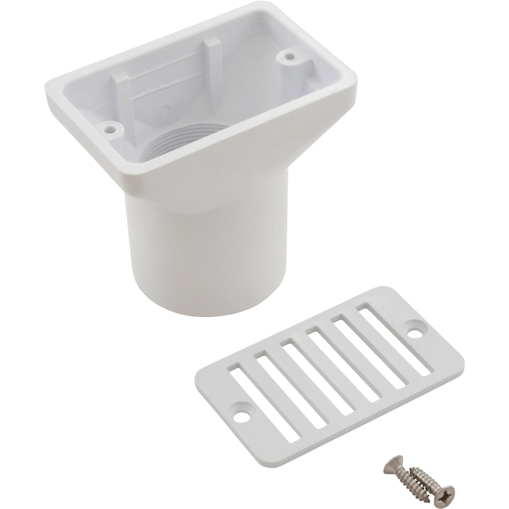 Hayward Gutter Deck Drain SP1019, white plastic housing with 2" socket, slotted grate, and two screws