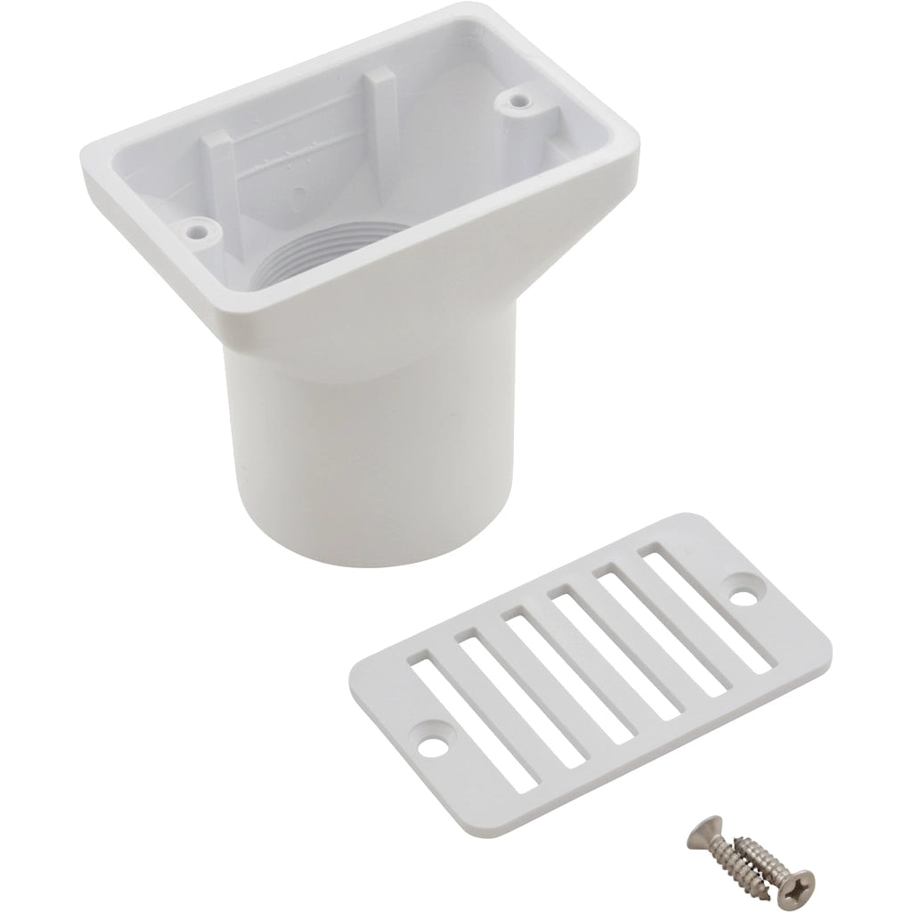 Hayward Gutter Deck Drain SP1019, white plastic housing with 2" socket, slotted grate, and two screws