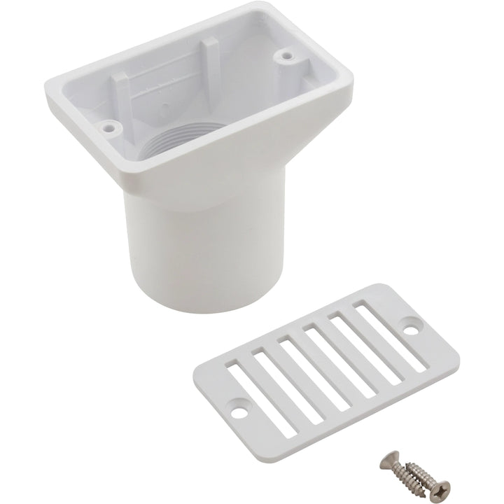Hayward Gutter Deck Drain SP1019, white plastic housing with 2" socket, slotted grate, and two screws
