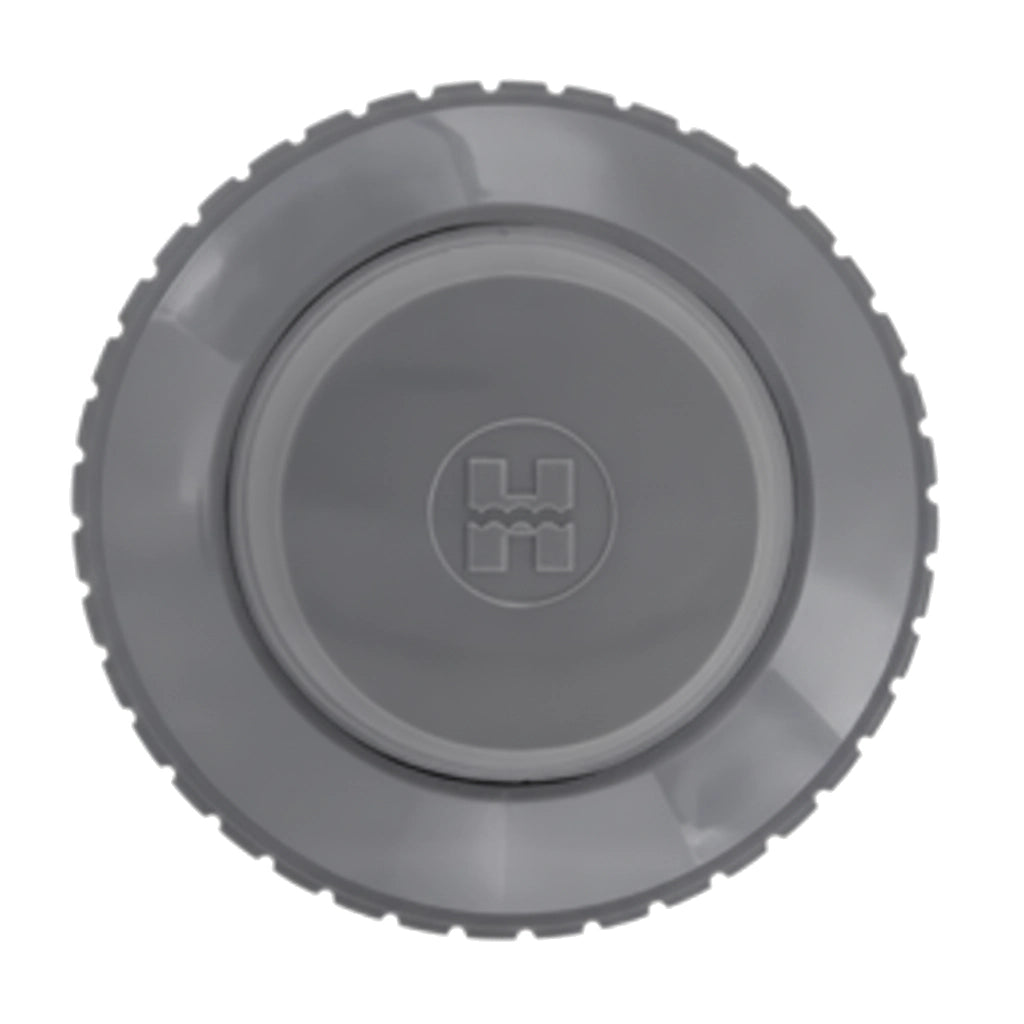 Dark gray round Hayward Hydrosweep eyeball inlet fitting with ridged outer edge and embossed logo at center.