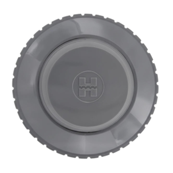 Dark gray round Hayward Hydrosweep eyeball inlet fitting with ridged outer edge and embossed logo at center.