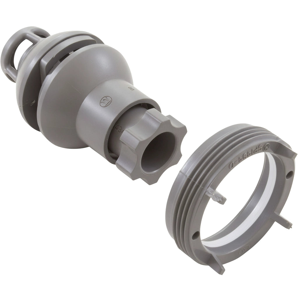 Hayward Jet-Air III Vari-Flo Nozzle Assembly in dark gray plastic, shown disassembled with threaded retaining ring.