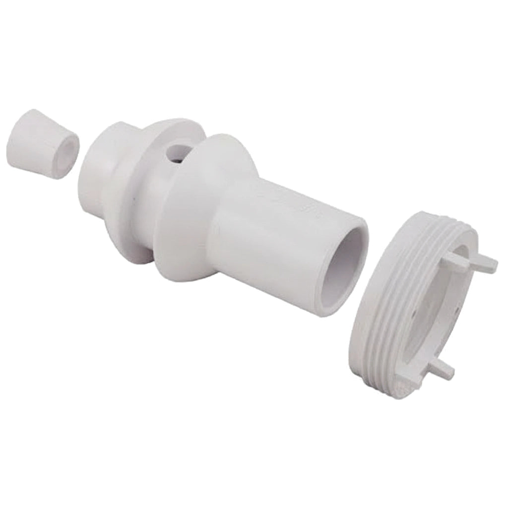 Disassembled white plastic Hayward Jet-Air III Whirl-Flo Nozzle Assembly with threaded ring, escutcheon, and eyeball insert