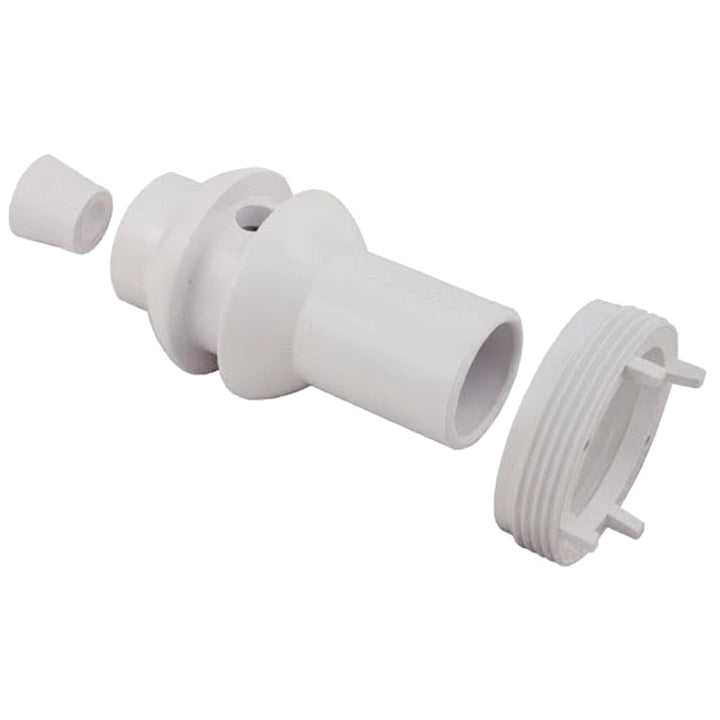 Disassembled white plastic Hayward Jet-Air III Whirl-Flo Nozzle Assembly with threaded ring, escutcheon, and eyeball insert