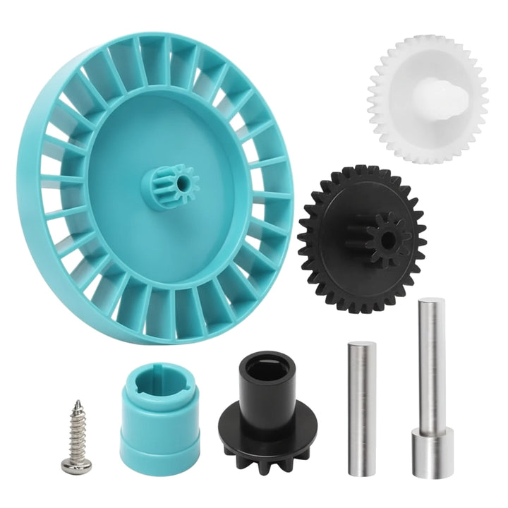 Hayward AXV079VP turbine spindle gear kit with teal turbine, black/white gears, hubs, screw, and metal shafts