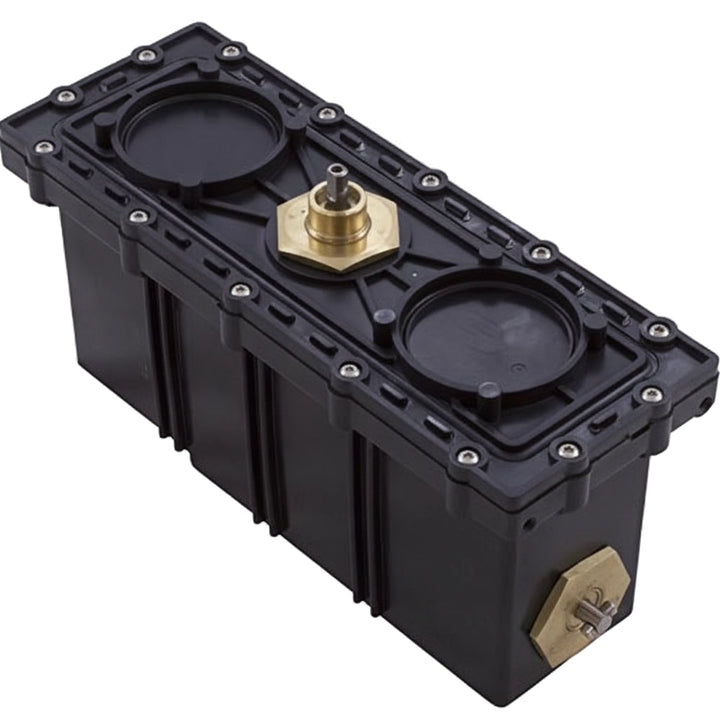 Hayward RCX43000 motor unit, black rectangular housing with brass drive shaft and screws, TigerShark cleaner part.