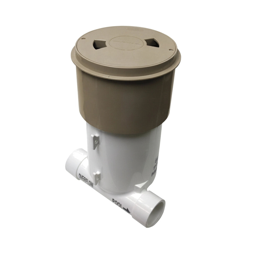Hayward Paralevel Water Leveler Plumbing Kit with beige round cap and white PVC body marked "Pool" and "Overflow"