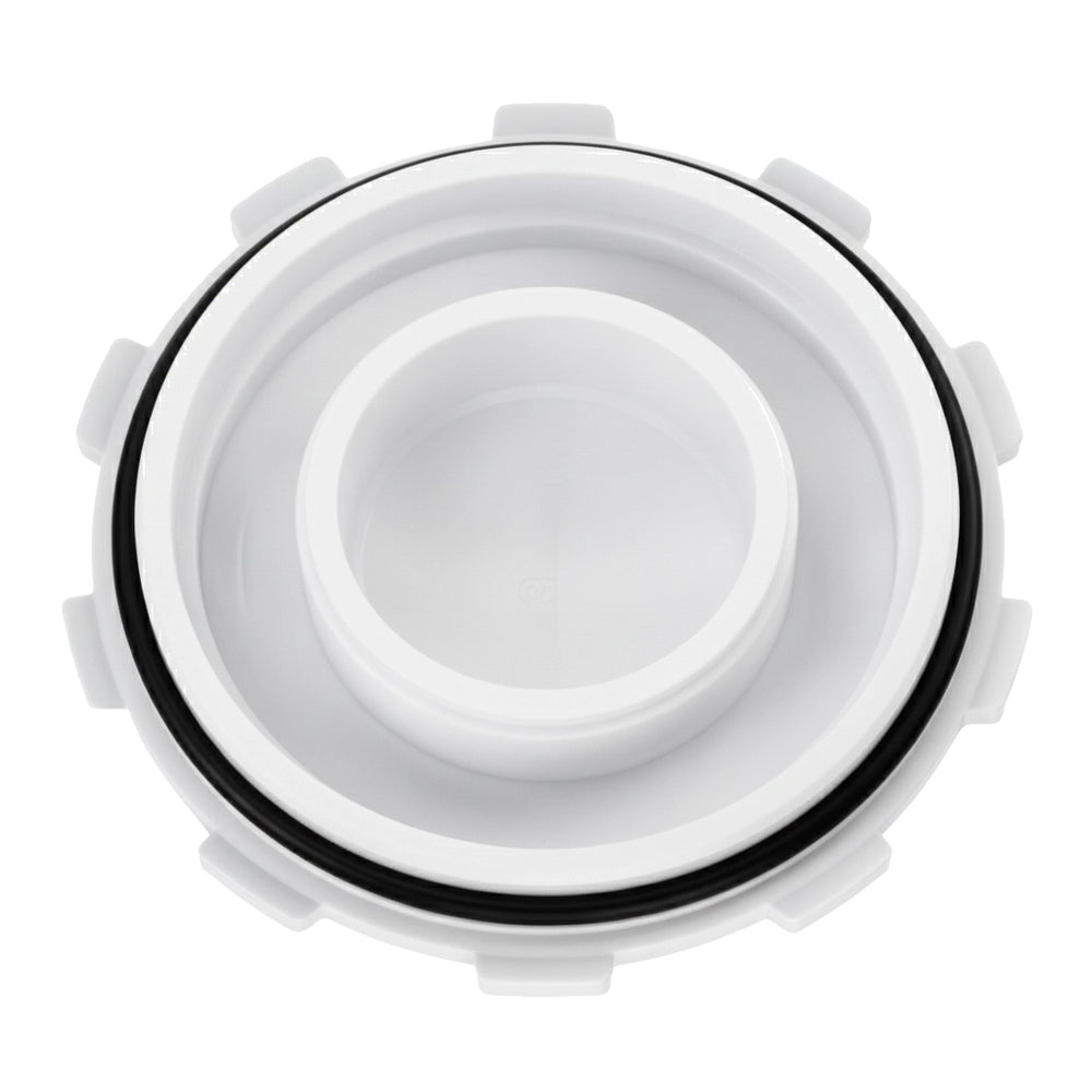 Top-down view of Hayward SP1450WP2 white plastic threaded winter plug with black O-ring and raised grip tabs.