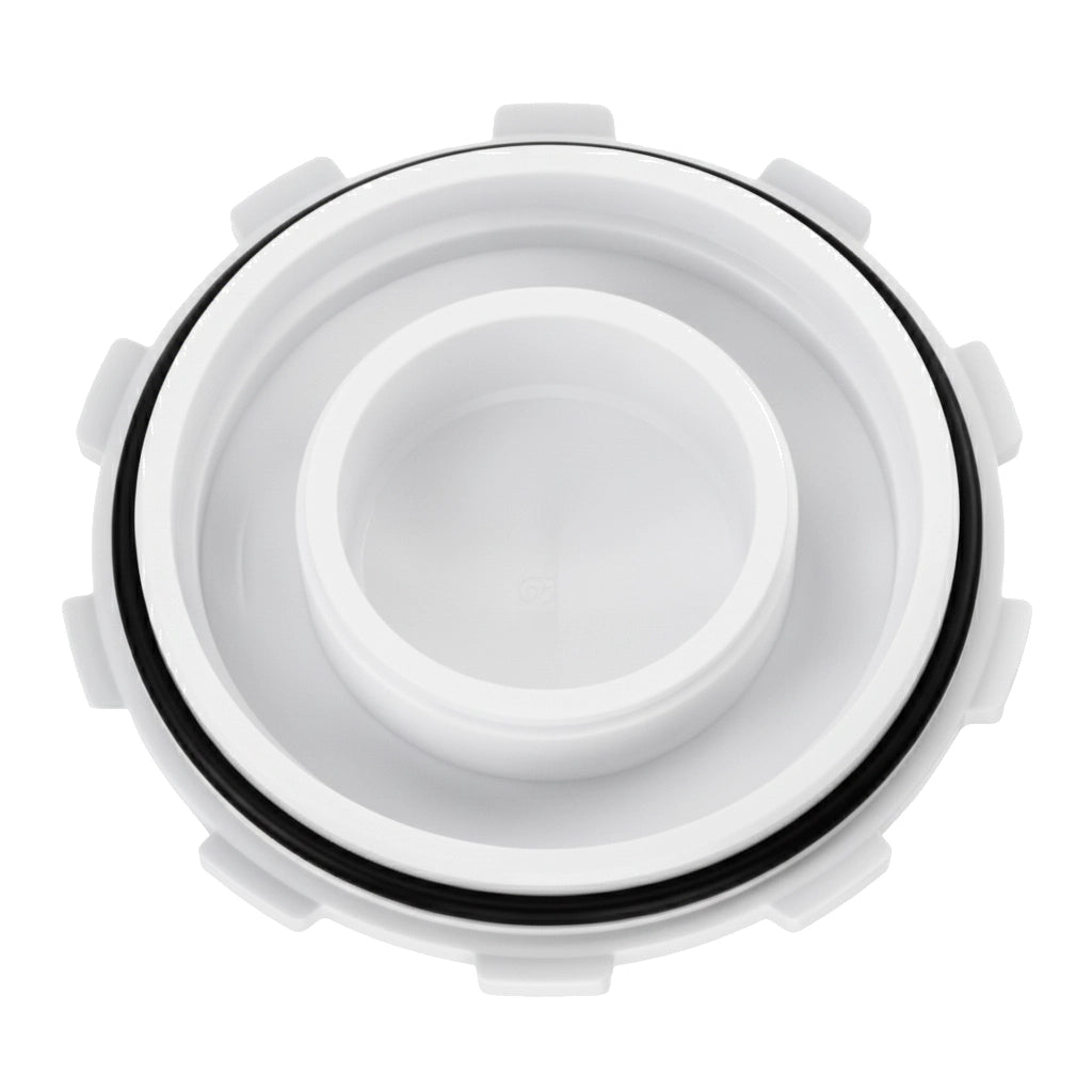 Top-down view of Hayward SP1450WP2 white plastic threaded winter plug with black O-ring and raised grip tabs.