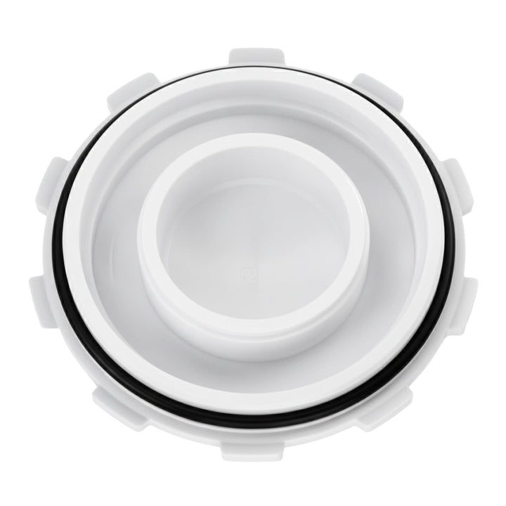 Top-down view of Hayward SP1450WP2 white plastic threaded winter plug with black O-ring and raised grip tabs.