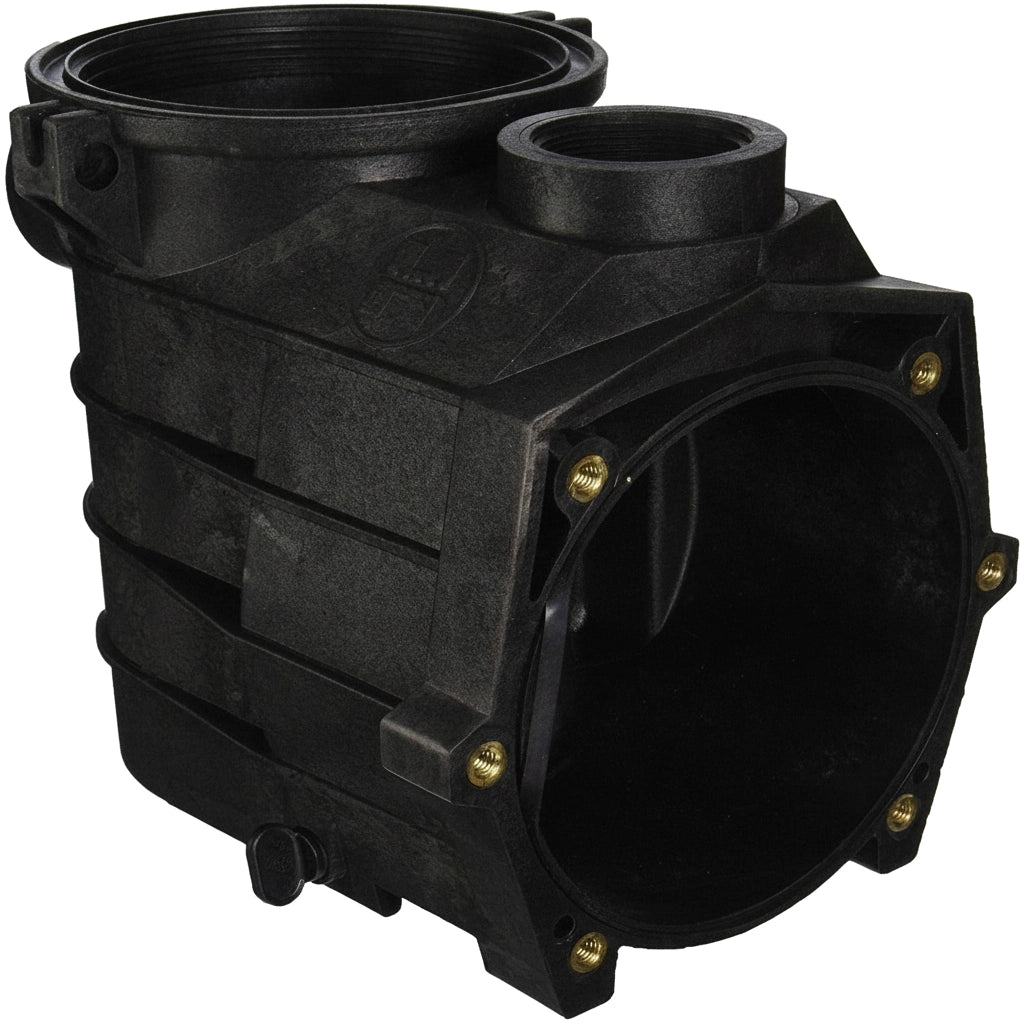 Black plastic Hayward SPX3020AA pump housing and strainer with threaded ports and brass-fitted faceplate