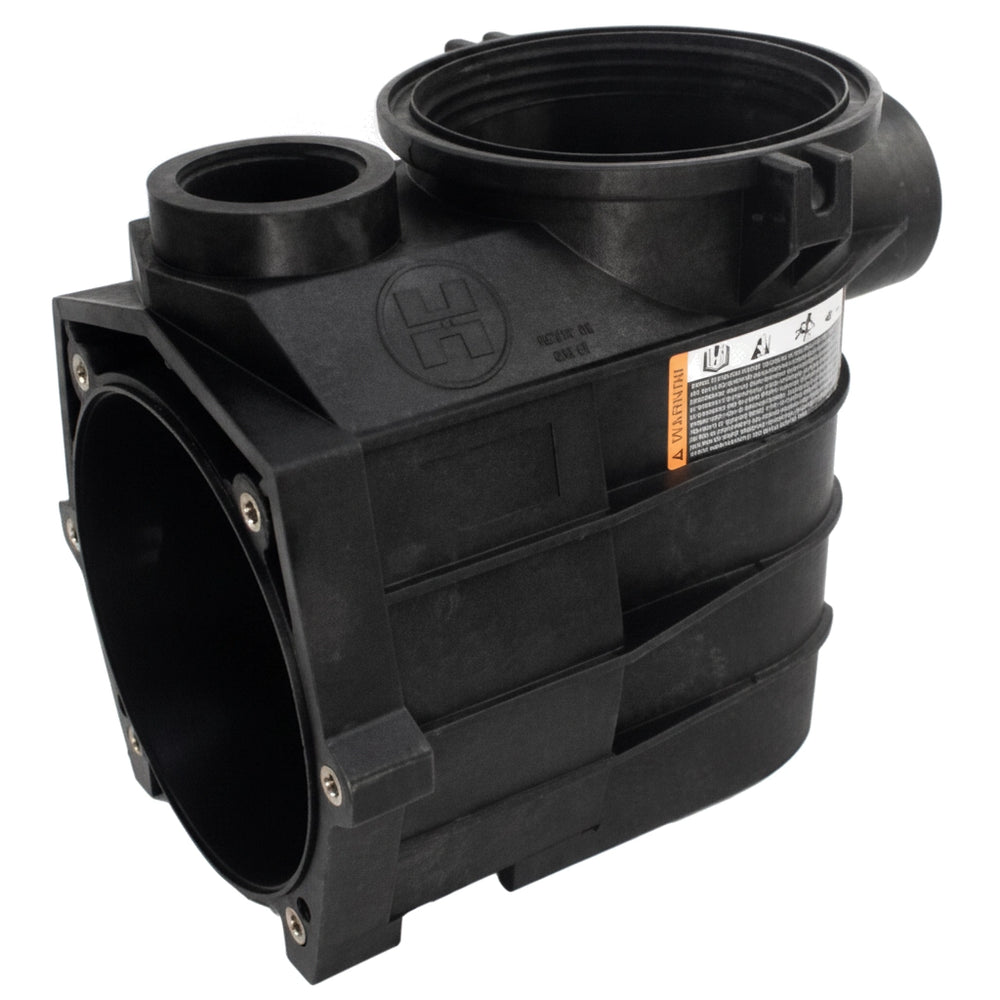 Black Hayward SPX3020AA pump housing and strainer with 2 in x 2 in ports, molded H logo, and warning label.
