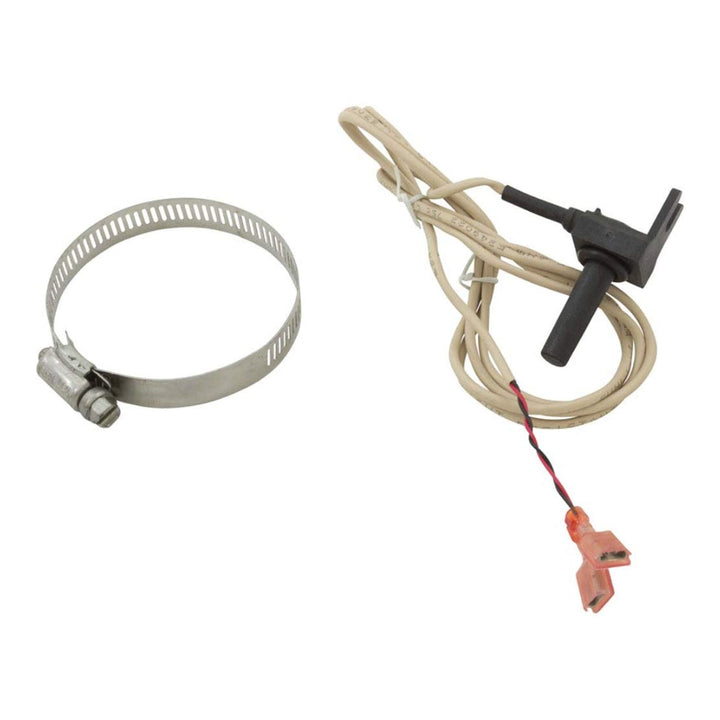 Hayward HPX2169 heat pump sensor with tan wire leads, black probe housing, red connector, and steel hose clamp.
