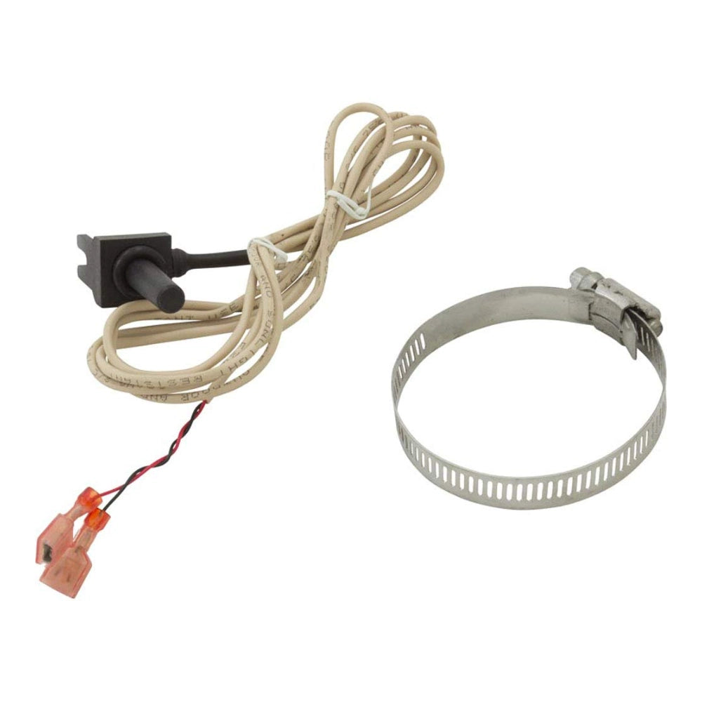 Hayward HPX2169 sensor with coiled tan wire, black probe, red connectors, and stainless steel hose clamp.