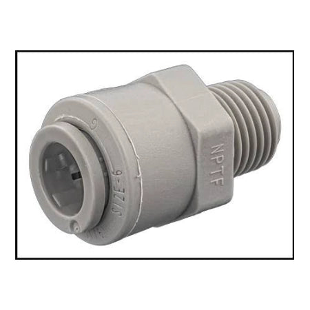 Gray plastic Hayward SpeedFit Connector with push-to-connect end and NPTF threaded end, marked Size-6.