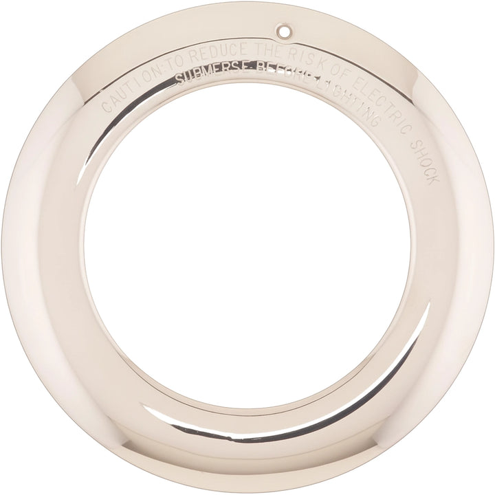 Hayward SPX0580AS stainless steel face plate, round trim ring with engraved electric shock caution text.