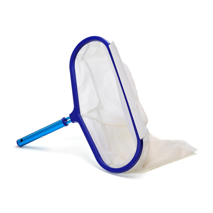 Ocean Blue heavy duty leaf rake with blue aluminum handle and blue oval frame attached to a fine white mesh net for pool skimming
