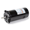 Century pool pump motor in black cylindrical housing with threaded metal shaft and mounted label showing specifications