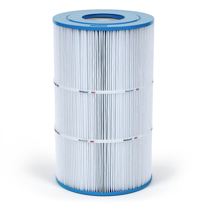 C-8474 Unicel spa filter cartridge with white pleated material and blue circular end caps shown upright