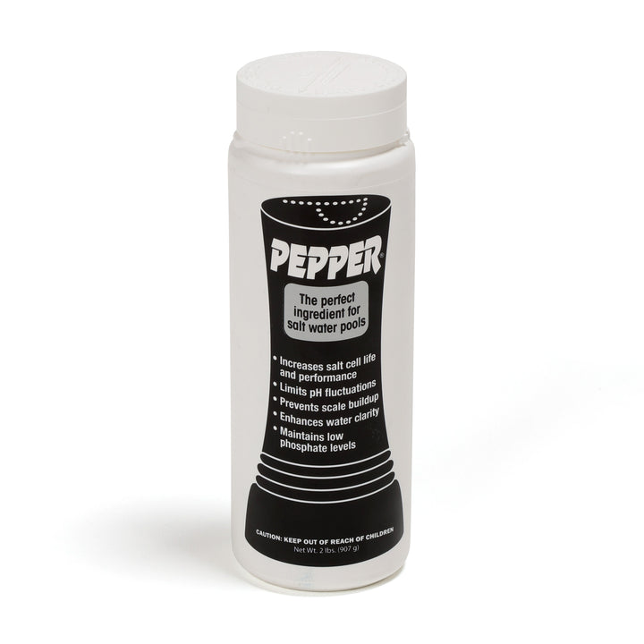 white 2 lb plastic bottle of Pepper salt water pool maintenance chemical balancer with black label and white text listing usage benefits