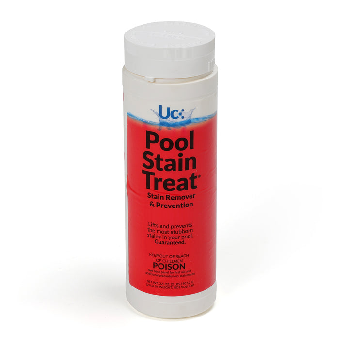 United Chemical Pool Stain Treat container with red label and white cap showing product name and usage details