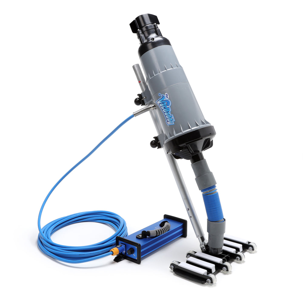 A high resolution photo of a gray and blue VacDaddy pool vacuum on a clean white background.  