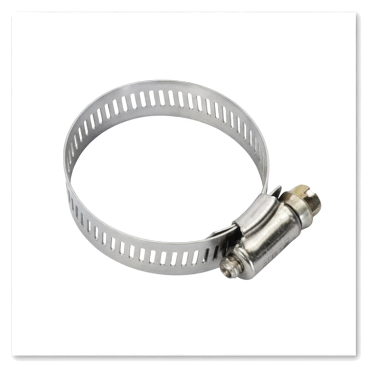 Hayward Hose Clamp 1 1/2IN, stainless steel perforated band with worm-gear screw housing, shown open in a circular shape.