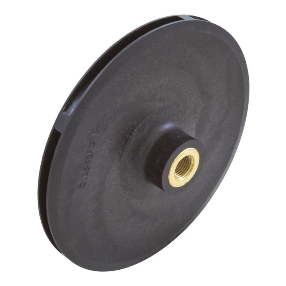 Black plastic Pentair pool pump impeller with brass threaded insert and molded part number C105-92P.