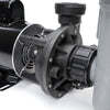 Close-up of Waterway 2 HP Hi-Flo 2 dual-speed above ground pump showing black motor housing and black pump impeller casing with mounting hardware
