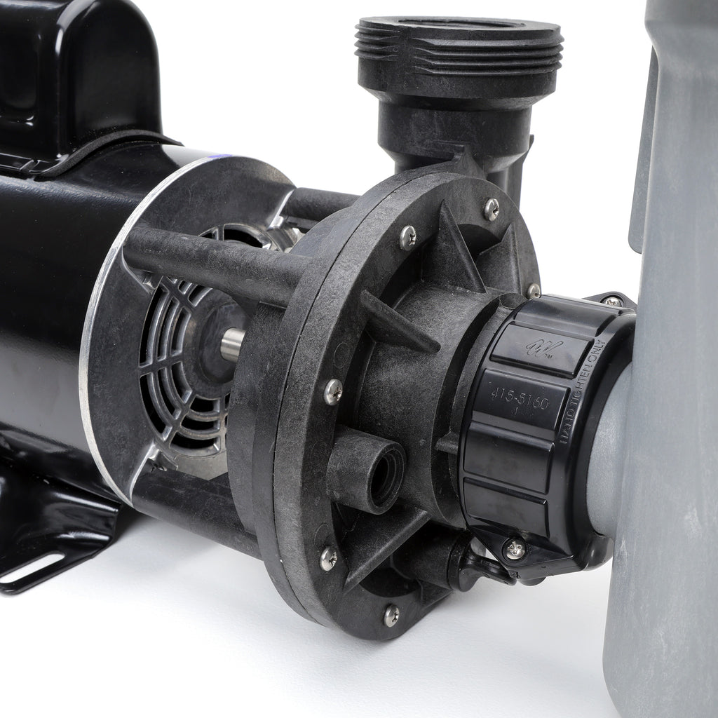 Close-up of Waterway 2 HP Hi-Flo 2 dual-speed above ground pump showing black motor housing and black pump impeller casing with mounting hardware