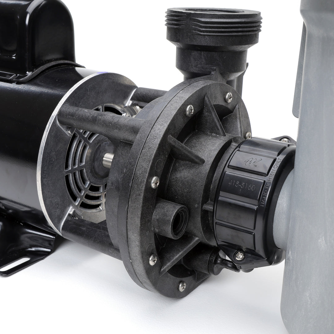 Close-up of Waterway 2 HP Hi-Flo 2 dual-speed above ground pump showing black motor housing and black pump impeller casing with mounting hardware