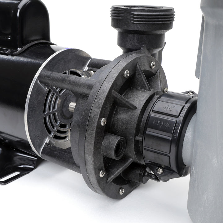 Close-up of Waterway 2 HP Hi-Flo 2 dual-speed above ground pump showing black motor housing and black pump impeller casing with mounting hardware