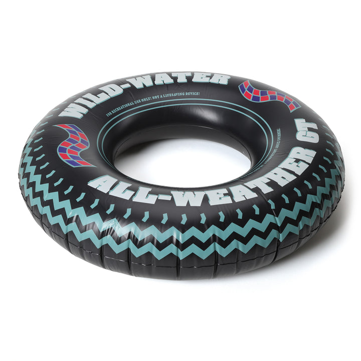 Swimline 36 inch printed monster tire ring pool float in black with light blue zigzag pattern and bold white text Wild-Water and All-Weather CT