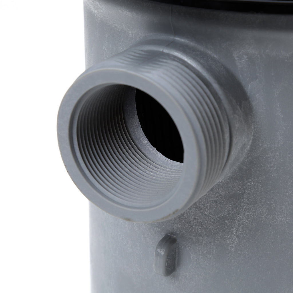 Close-up view of gray threaded inlet port on Waterway 2 HP Hi-Flo 2 Dual-Speed Above Ground Pump housing showing detailed threading