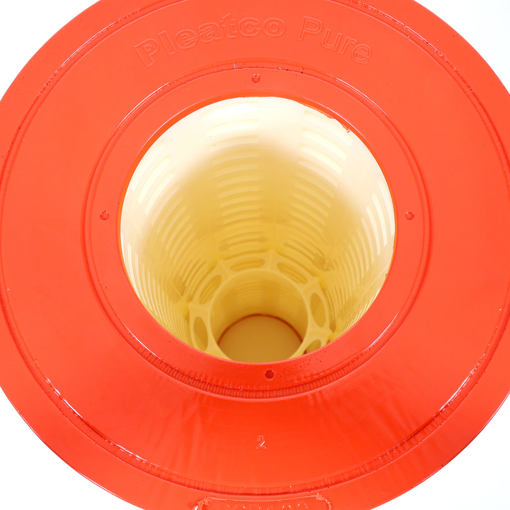 top view of Pleatco PSR100 spa filter cartridge showing red plastic end cap and white inner pleated core