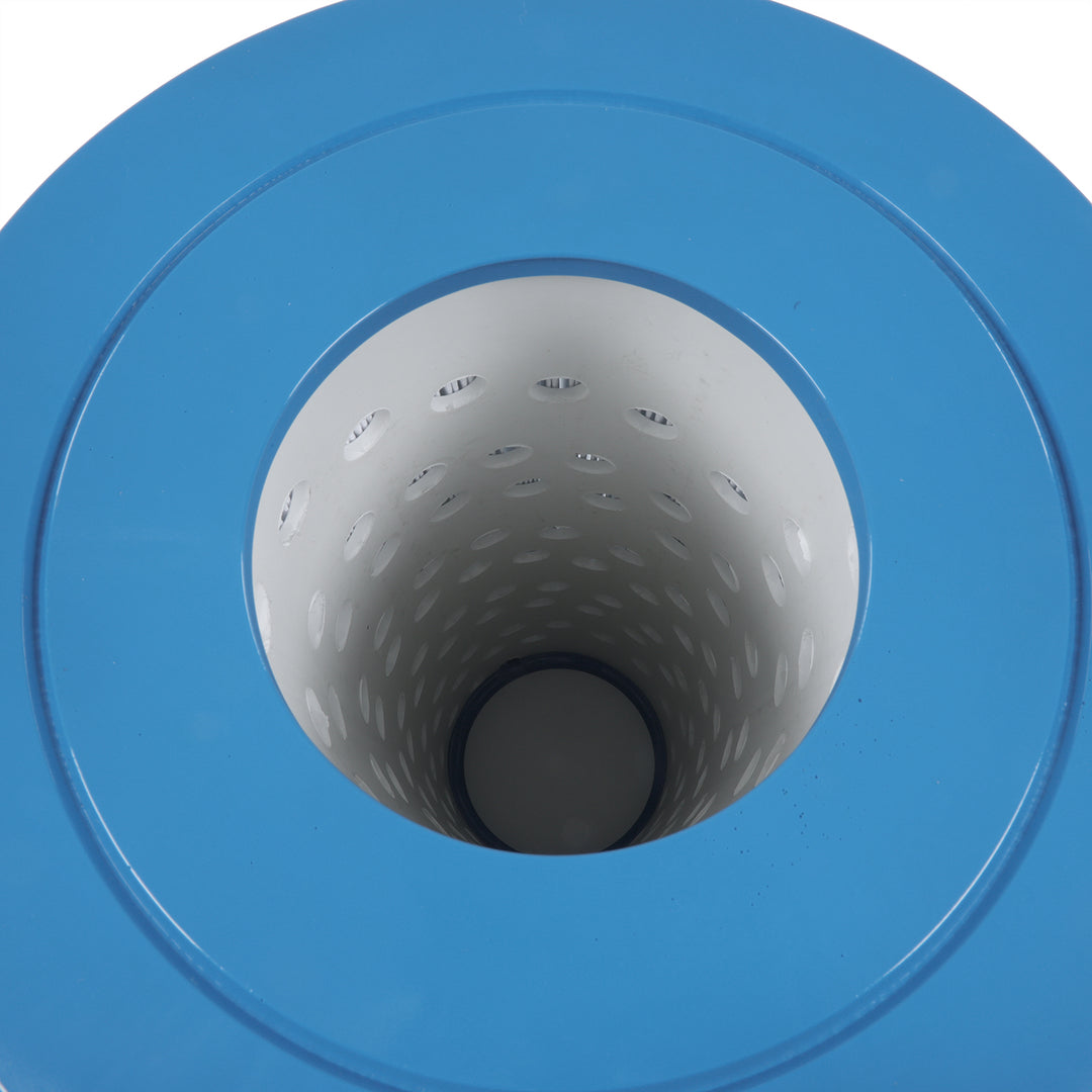 close up top view of unicel c-8474 spa filter cartridge showing perforated white inner core surrounded by blue plastic top ring