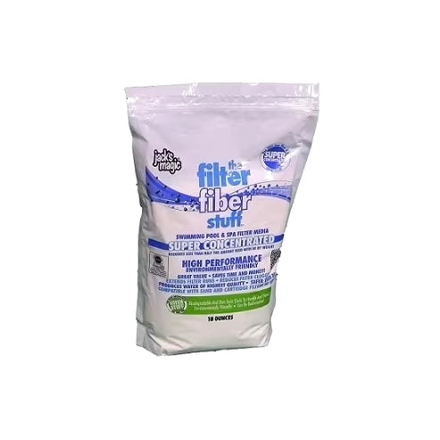white plastic bag of Jacks Magic filter fiber stuff featuring blue and purple text with product details and branding on front